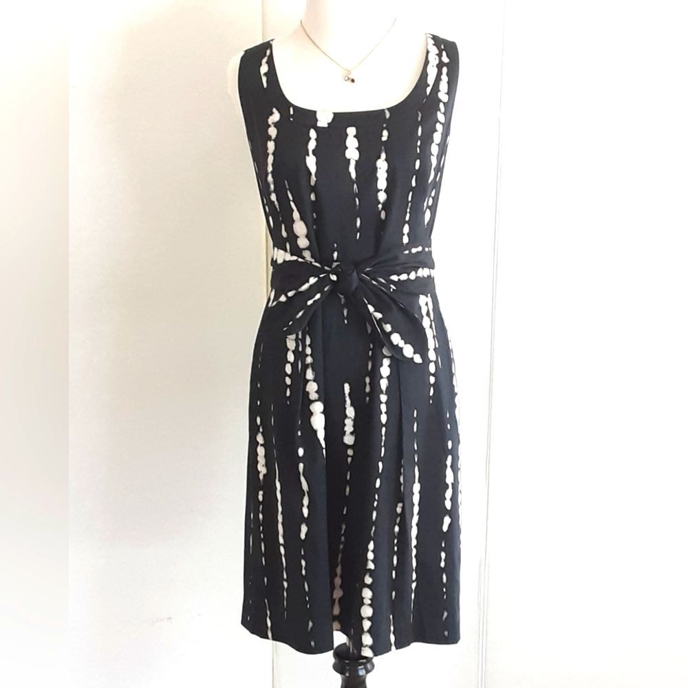 ANN TAYLOR Navy Ivory Tie Dye Front | Back Tie Sash Tank Sheath Dress Sz. 8
